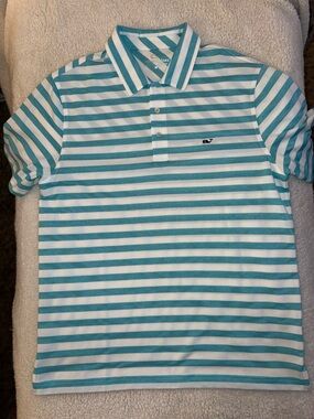 Vineyard Vines Aqua and White Striped Polo